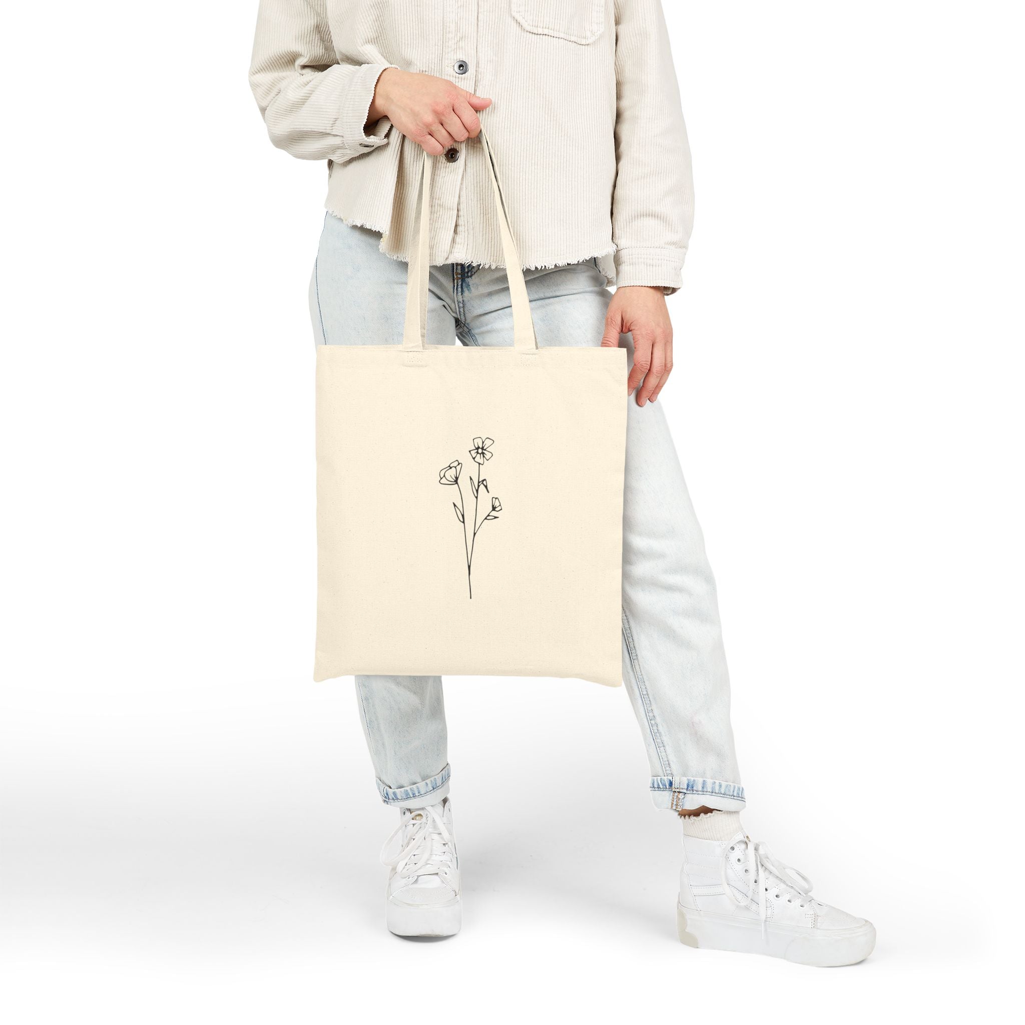 Hand-Drawn Floral Cotton Canvas Tote Bag